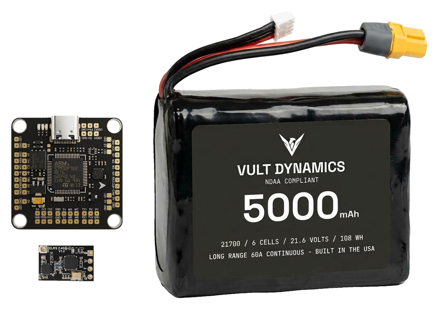 Vult Dynamics NDAA-compliant battery pack, flight controller, and receiver
